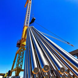 A powerful construction crane lifting shiny stainless steel rods against a clear blue sky