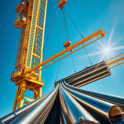 A powerful construction crane lifting shiny stainless steel rods against a clear blue sky