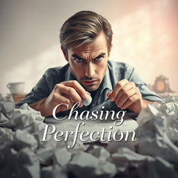 A visually striking poster depicting a perfectionist in the act of using an eraser on a drawing, symbolizing the pursuit of flawlessness