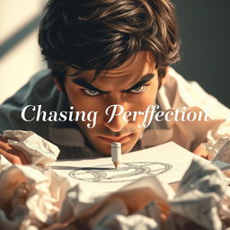 A visually striking poster depicting a perfectionist in the act of using an eraser on a drawing, symbolizing the pursuit of flawlessness