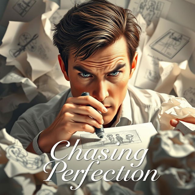 A visually striking poster depicting a perfectionist in the act of using an eraser on a drawing, symbolizing the pursuit of flawlessness