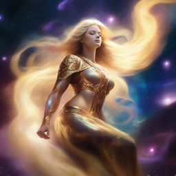 Generate an image of a celestial guardian, their golden, luminous hair flowing, set against the backdrop of a radiant nebula in the infinite expanse of the cosmos