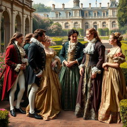 A stunning portrayal of 17th-century French nobility, featuring a gathering of elegantly dressed aristocrats in an opulent outdoor setting