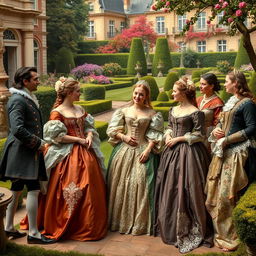 A stunning portrayal of 17th-century French nobility, featuring a gathering of elegantly dressed aristocrats in an opulent outdoor setting