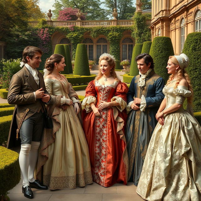 A stunning portrayal of 17th-century French nobility, featuring a gathering of elegantly dressed aristocrats in an opulent outdoor setting