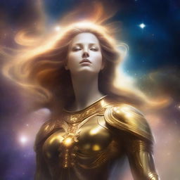 Generate an image of a celestial guardian, their golden, luminous hair flowing, set against the backdrop of a radiant nebula in the infinite expanse of the cosmos