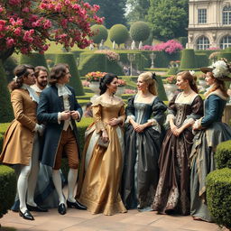 A stunning portrayal of 17th-century French nobility, featuring a gathering of elegantly dressed aristocrats in an opulent outdoor setting