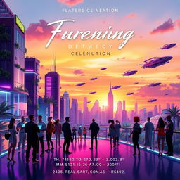 A vibrant and engaging poster design featuring a futuristic city skyline at sunset, with colorful neon lights illuminating the buildings