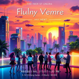 A vibrant and engaging poster design featuring a futuristic city skyline at sunset, with colorful neon lights illuminating the buildings