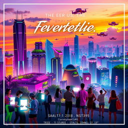 A vibrant and engaging poster design featuring a futuristic city skyline at sunset, with colorful neon lights illuminating the buildings