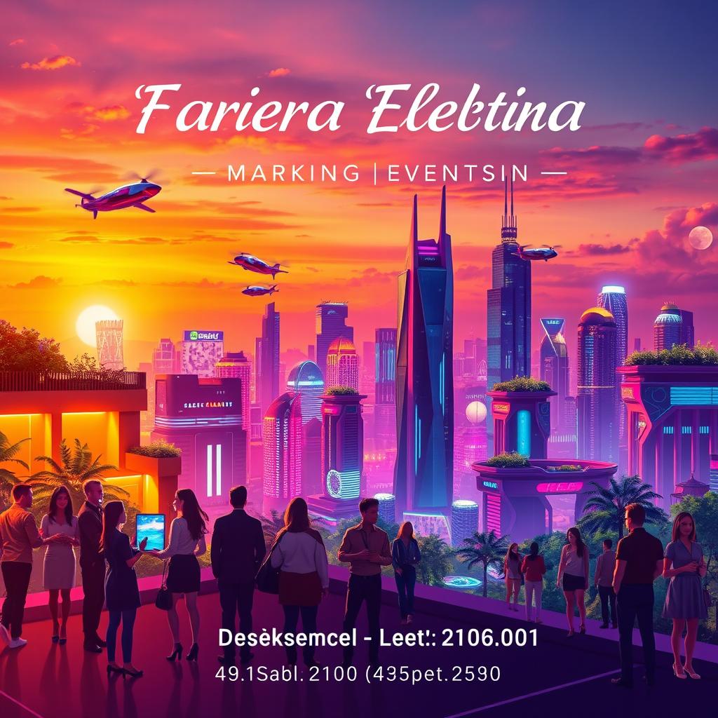 A vibrant and engaging poster design featuring a futuristic city skyline at sunset, with colorful neon lights illuminating the buildings