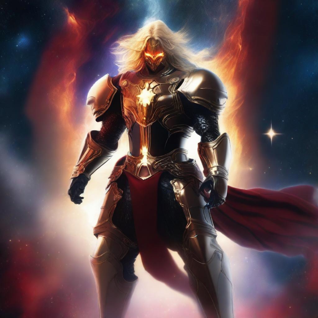 Generate an image of a celestial guardian, their golden, shining hair contrasting with a striking black and red armor, standing watch against the backdrop of a star-studded nebula in the vast cosmic expanse