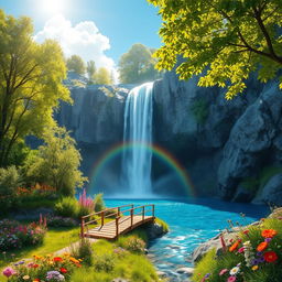 A stunning fantasy landscape featuring a majestic waterfall cascading down a rocky cliff into a sparkling blue lake below
