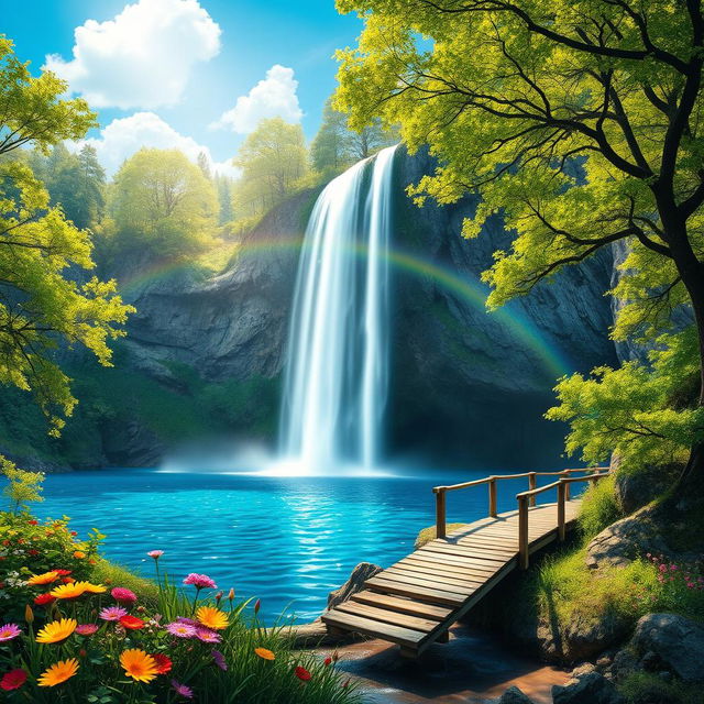 A stunning fantasy landscape featuring a majestic waterfall cascading down a rocky cliff into a sparkling blue lake below