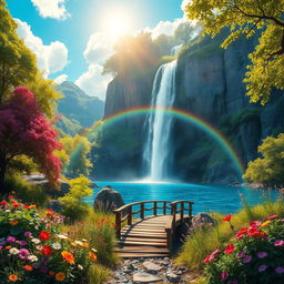 A stunning fantasy landscape featuring a majestic waterfall cascading down a rocky cliff into a sparkling blue lake below