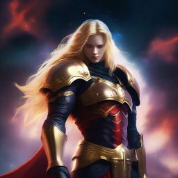 Generate an image of a celestial guardian, their golden, shining hair contrasting with a striking black and red armor, standing watch against the backdrop of a star-studded nebula in the vast cosmic expanse