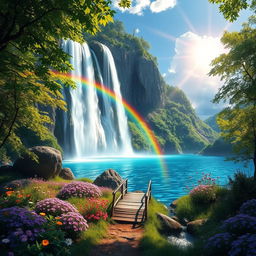 A stunning fantasy landscape featuring a majestic waterfall cascading down a rocky cliff into a sparkling blue lake below