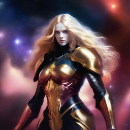 Generate an image of a celestial guardian, their golden, shining hair contrasting with a striking black and red armor, standing watch against the backdrop of a star-studded nebula in the vast cosmic expanse