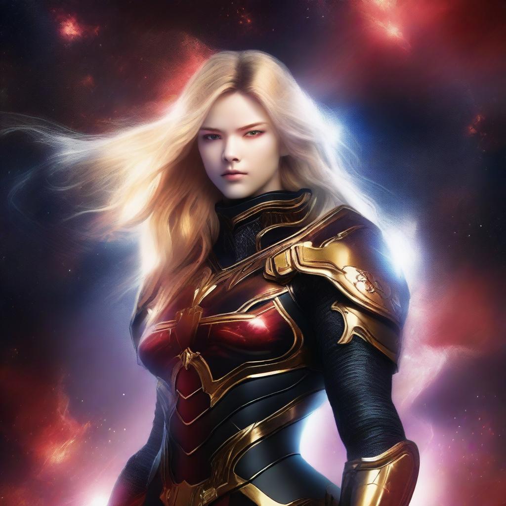 Generate an image of a celestial guardian, their golden, shining hair contrasting with a striking black and red armor, standing watch against the backdrop of a star-studded nebula in the vast cosmic expanse