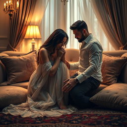 A romantic scene depicting a man gently kissing a woman's feet, set in an elegantly decorated room with soft, warm lighting