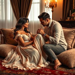 A romantic scene depicting a man gently kissing a woman's feet, set in an elegantly decorated room with soft, warm lighting