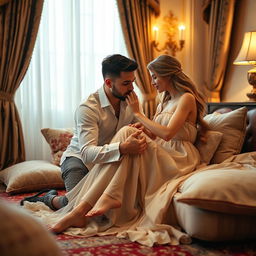 A romantic scene depicting a man gently kissing a woman's feet, set in an elegantly decorated room with soft, warm lighting