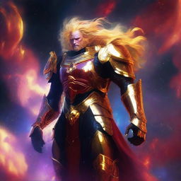 Generate an image of a gigantic celestial guardian, their golden, luminous hair flowing, donned in a striking black and red armor, towering over a vibrant nebula in the infinite cosmic expanse