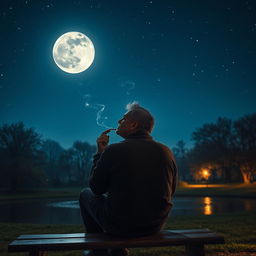 A contemplative man, gazing at a bright full moon in a starry night sky