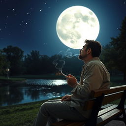 A contemplative man, gazing at a bright full moon in a starry night sky