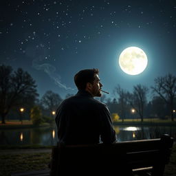 A contemplative man, gazing at a bright full moon in a starry night sky