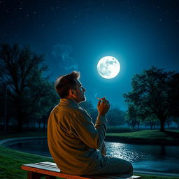 A contemplative man, gazing at a bright full moon in a starry night sky