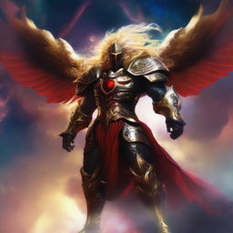 Generate an image of a gigantic celestial guardian, their golden, luminous hair flowing, donned in a striking black and red armor, towering over a vibrant nebula in the infinite cosmic expanse