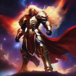 Generate an image of a gigantic celestial guardian, their golden, luminous hair flowing, donned in a striking black and red armor, towering over a vibrant nebula in the infinite cosmic expanse