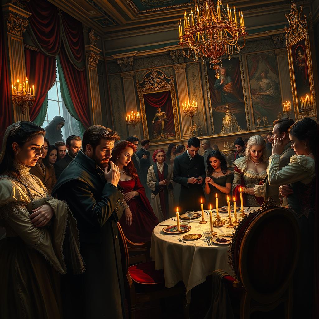 An evocative artistic depiction of court intrigue in a lavish palace setting, showcasing nobles whispering secrets and engaging in subtle power plays