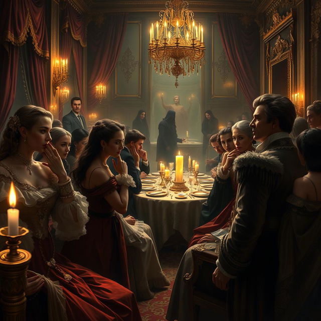 An evocative artistic depiction of court intrigue in a lavish palace setting, showcasing nobles whispering secrets and engaging in subtle power plays