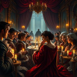 An evocative artistic depiction of court intrigue in a lavish palace setting, showcasing nobles whispering secrets and engaging in subtle power plays