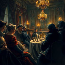 An evocative artistic depiction of court intrigue in a lavish palace setting, showcasing nobles whispering secrets and engaging in subtle power plays