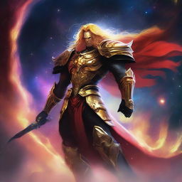 Generate an image of a gigantic celestial guardian, their golden, luminous hair flowing, donned in a striking black and red armor, towering over a vibrant nebula in the infinite cosmic expanse