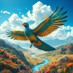 A majestic Minokawa soaring through a vibrant, fantastical landscape filled with colorful, lush vegetation