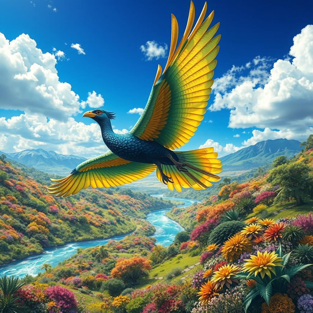 A majestic Minokawa soaring through a vibrant, fantastical landscape filled with colorful, lush vegetation