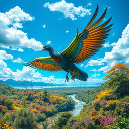 A majestic Minokawa soaring through a vibrant, fantastical landscape filled with colorful, lush vegetation