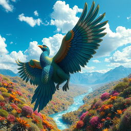 A majestic Minokawa soaring through a vibrant, fantastical landscape filled with colorful, lush vegetation