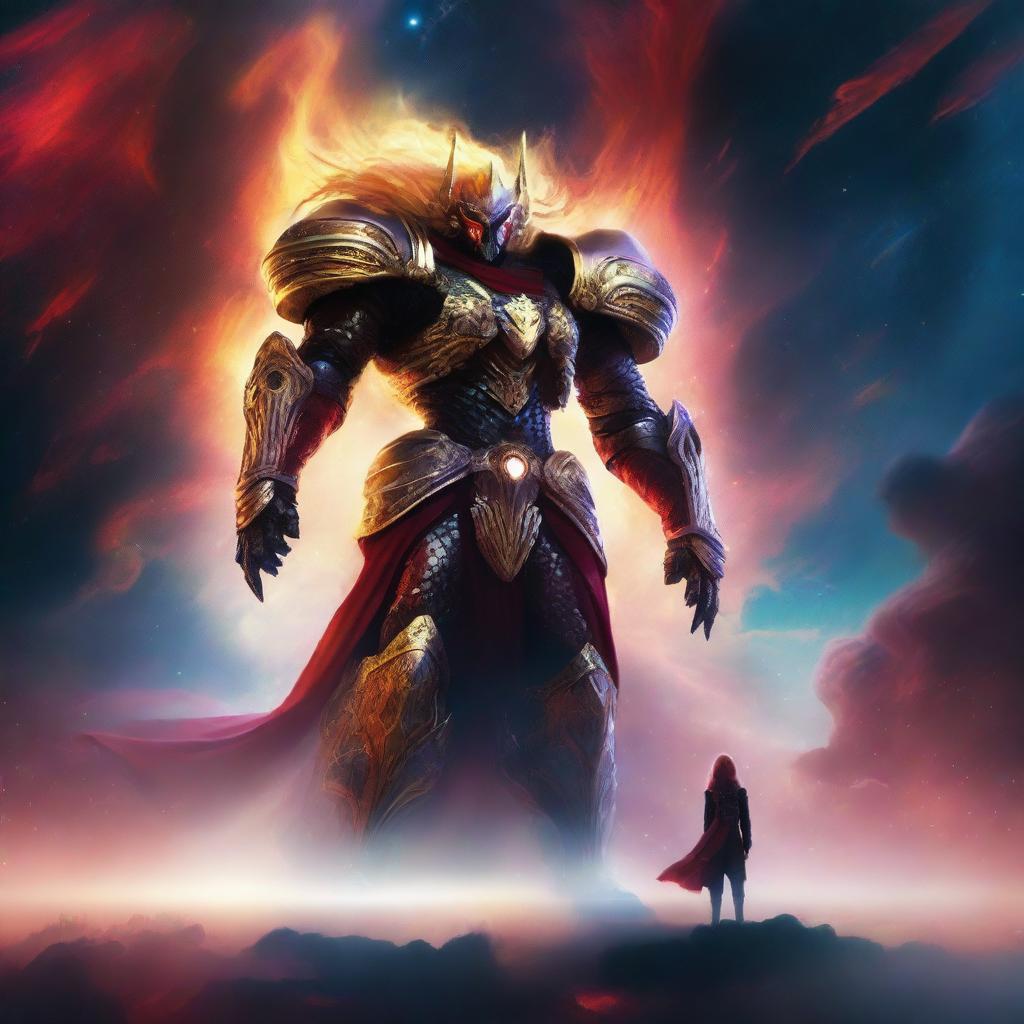 Generate an image of a gigantic celestial guardian with golden, luminous hair and a striking black and red armor, towering over a vibrant nebula, with a small human figure standing bravely in the foreground