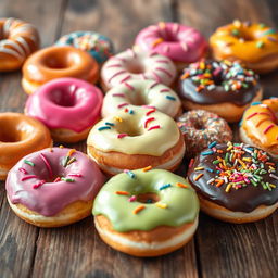 A vibrant assortment of colorful donuts displayed on a rustic wooden table