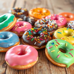 A vibrant assortment of colorful donuts displayed on a rustic wooden table