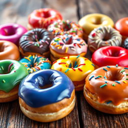 A vibrant assortment of colorful donuts displayed on a rustic wooden table