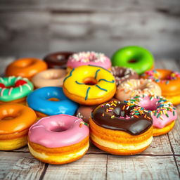 A vibrant assortment of colorful donuts displayed on a rustic wooden table