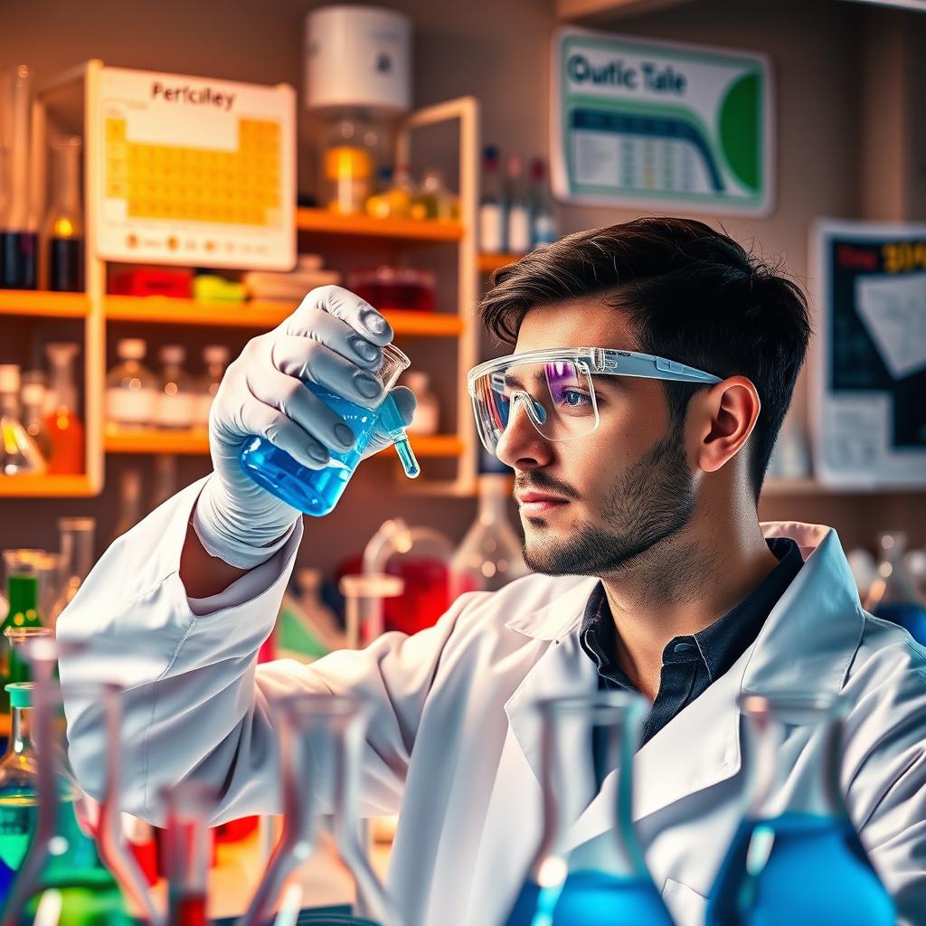 A brightly lit modern chemistry laboratory filled with various colorful chemical glassware, including beakers and flasks, some bubbling with colorful liquids