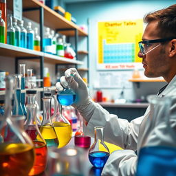 A brightly lit modern chemistry laboratory filled with various colorful chemical glassware, including beakers and flasks, some bubbling with colorful liquids