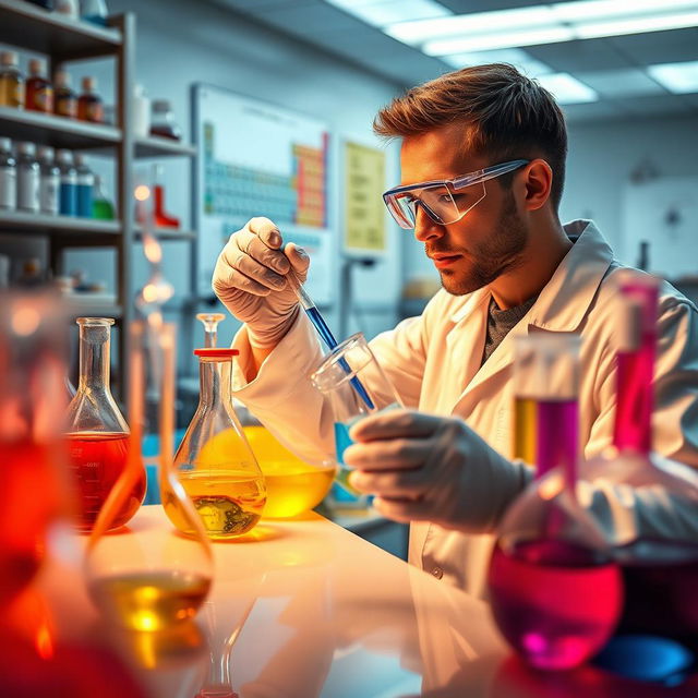 A brightly lit modern chemistry laboratory filled with various colorful chemical glassware, including beakers and flasks, some bubbling with colorful liquids